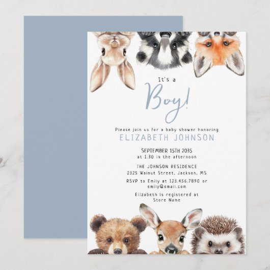 Blue Boy Cute Forest Woodland Animals Baby Shower 招待状 (正面/裏面)