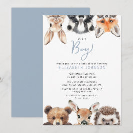 Blue Boy Cute Forest Woodland Animals Baby Shower 招待状