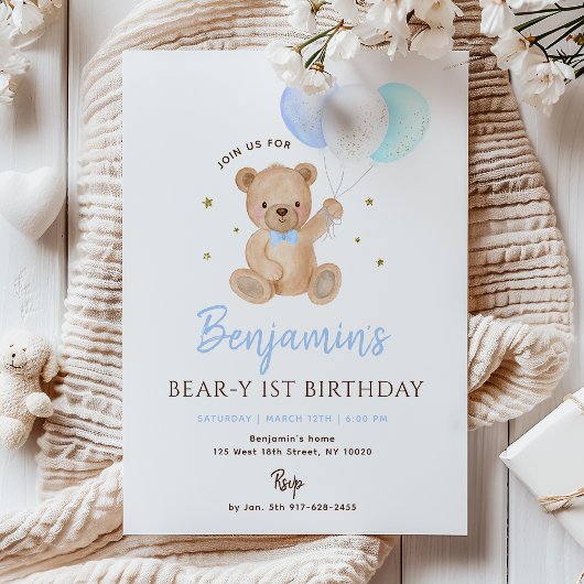Blue Boy Teddy Bear Balloon First Birthday 招待状
