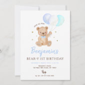 Blue Boy Teddy Bear Balloon First Birthday 招待状 (正面)