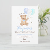 Blue Boy Teddy Bear Balloon First Birthday 招待状 (スタンド正面)