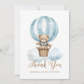 Blue Boy Teddy Bear Moon Stars Baby Shower サンキューカード (正面)