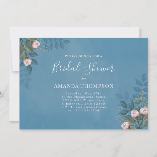 Blue Bridal Shower Elegant Floral Custom 招待状 (正面)