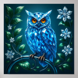 Blue Brilliant Owl on Brass Branch ポスター