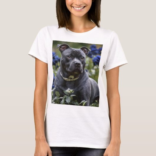 "Blue Brindle Beauty: A Staffy With Blue Roses Tシャツ (正面)