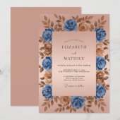 Blue Bronze Floral Romantic Wedding 招待状 (正面/裏面)