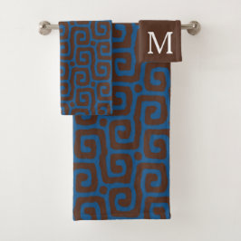  Blue &Brown Abstract Pattern Monogram name バスタオルセット