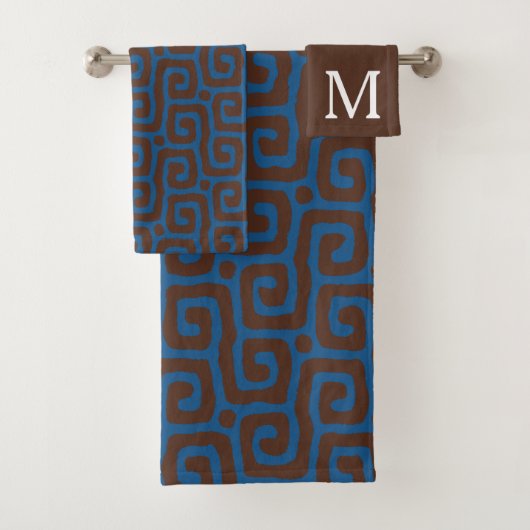  Blue &Brown Abstract Pattern Monogram name バスタオルセット (インサイチュ)