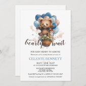 Blue Brown Balloon Bear Baby Shower Invitation 招待状 (正面/裏面)