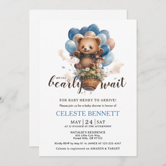 Blue Brown Balloon Bear Baby Shower Invitation 招待状 (正面/裏面)