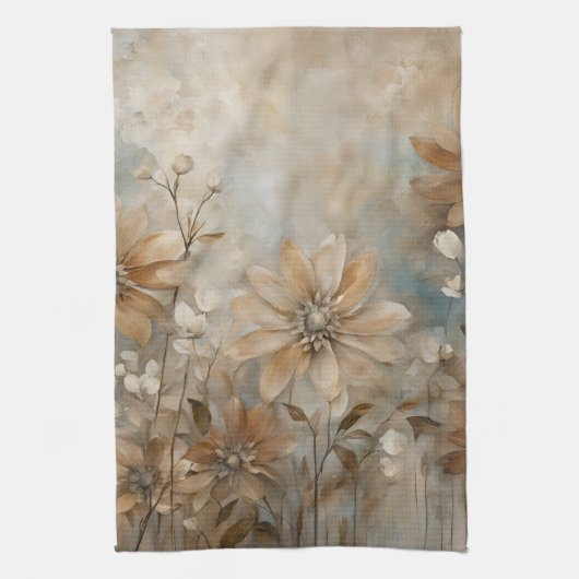 Blue Brown Beige Farmhouse Floral  キッチンタオル (縦)