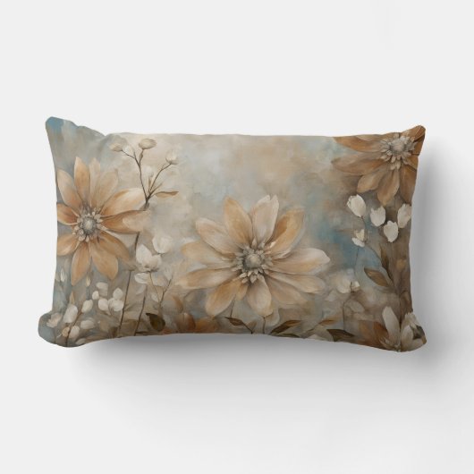 Blue Brown Beige Farmhouse Floral Lumbar Pillow ランバークッション (正面)