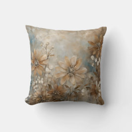 Blue Brown Beige Farmhouse Floral Throw Pillow クッション
