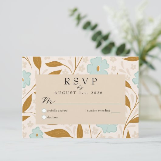 Blue Brown Boho Floral Wedding RSVP Response Card (スタンド正面)