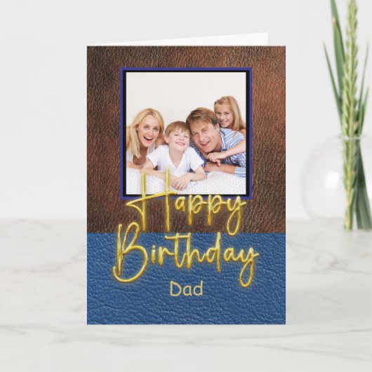 Blue & Brown leather Gold Script Dad Birthday カード (正面)