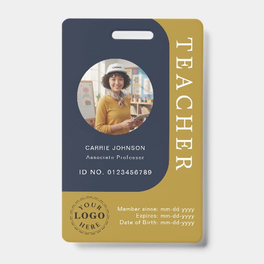 Blue Brown Teacher Name Badge with QR and Photo バッジ (Front)