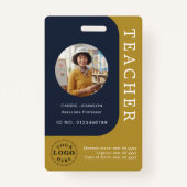 Blue Brown Teacher Name Badge with QR and Photo バッジ (正面)