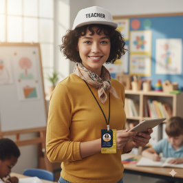 Blue Brown Teacher Name Badge with QR and Photo バッジ