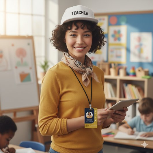 Blue Brown Teacher Name Badge with QR and Photo バッジ