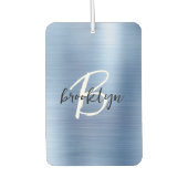 Blue Brushed Metal Black White Script Monogram カーエアーフレッシュナー (正面)