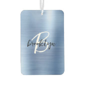 Blue Brushed Metal Black White Script Monogram カーエアーフレッシュナー (裏面)