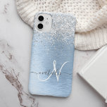 Blue Brushed Metal Silver Glitter Monogram Name Case-Mate iPhone 14 Plusケース<br><div class="desc">Easily personalize this trendy chic phone case design featuring pretty silver sparkling glitter on a blue brushed metallic background.</div>