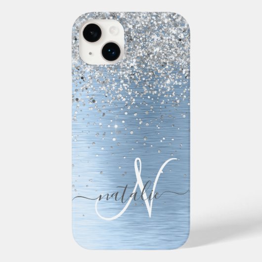 Blue Brushed Metal Silver Glitter Monogram Name Case-Mate iPhoneケース (裏面)