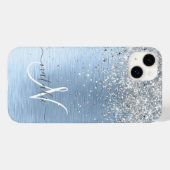 Blue Brushed Metal Silver Glitter Monogram Name Case-Mate iPhoneケース (裏面 (横))