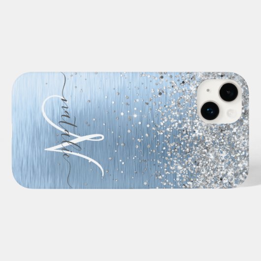 Blue Brushed Metal Silver Glitter Monogram Name Case-Mate iPhoneケース (裏面 (横))