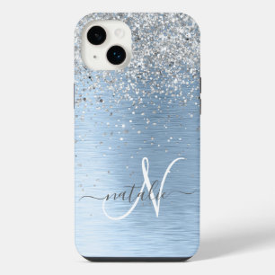 Blue Brushed Metal Silver Glitter Monogram Name iPhone 14 Plusケース