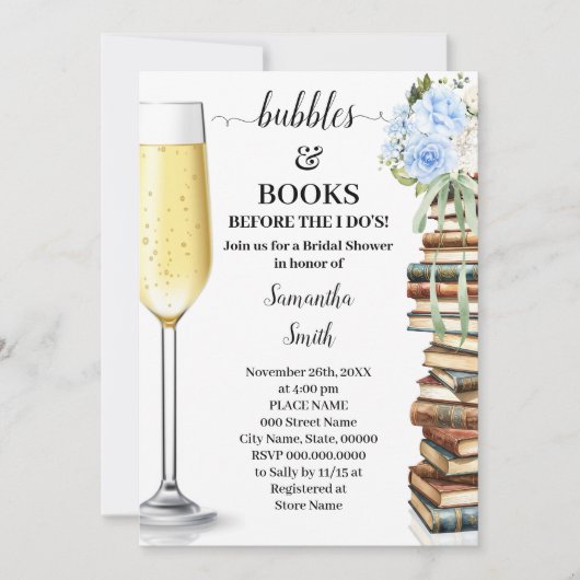 Blue Bubbles & Books Before I do Bridal Shower 招待状 (正面)