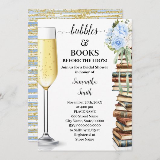 Blue Bubbles & Books Before I do Bridal Shower 招待状 (正面/裏面)
