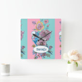Blue Budgie Bird Rose Floral Pink Aqua Girls Name スクエア壁時計 (ホーム)