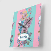 Blue Budgie Bird Rose Floral Pink Aqua Girls Name スクエア壁時計 (傾斜)
