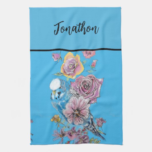Blue Budgie Budgies Art Watercolor Birds Apron キッチンタオル (縦)