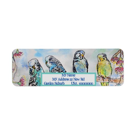 Blue Budgies Watercolour Return Address Labels ラベル (正面)