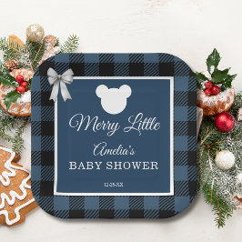 Blue Buffalo Plaid Bear Baby Shower Paper Plates ペーパープレート