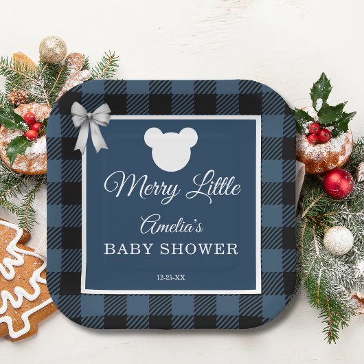 Blue Buffalo Plaid Bear Baby Shower Paper Plates ペーパープレート