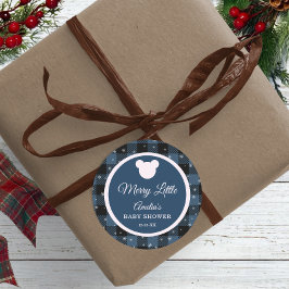 Blue Buffalo Plaid Bear Baby Shower Sticker ラウンドシール