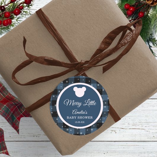Blue Buffalo Plaid Bear Baby Shower Sticker ラウンドシール