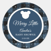 Blue Buffalo Plaid Bear Baby Shower Sticker ラウンドシール (正面)