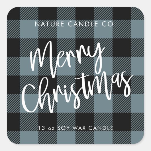 Blue Buffalo Plaid Merry Christmas Candle  スクエアシール (正面)