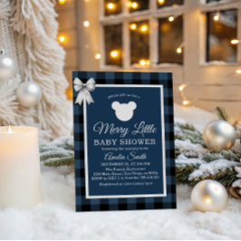 Blue Buffalo Plaid Merry Little Bear Baby Shower 招待状