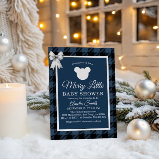 Blue Buffalo Plaid Merry Little Bear Baby Shower 招待状