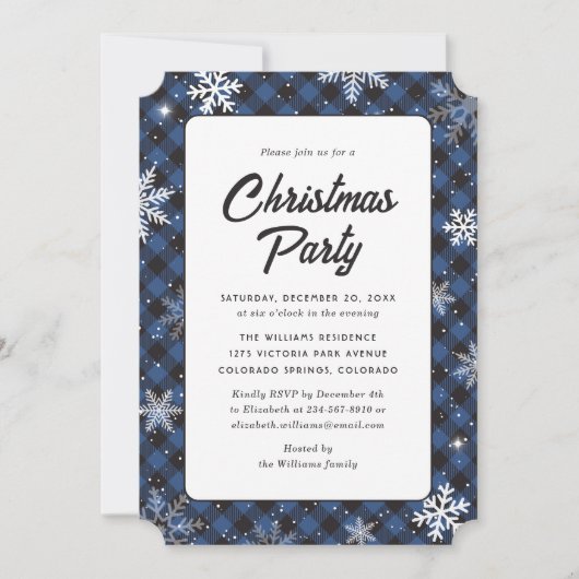 Blue Buffalo Plaid Snowflake Christmas Party 招待状 (正面)