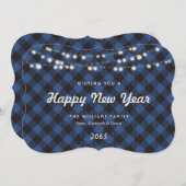 Blue Buffalo Plaid String Lights New Year Card シーズンカード (正面/裏面)