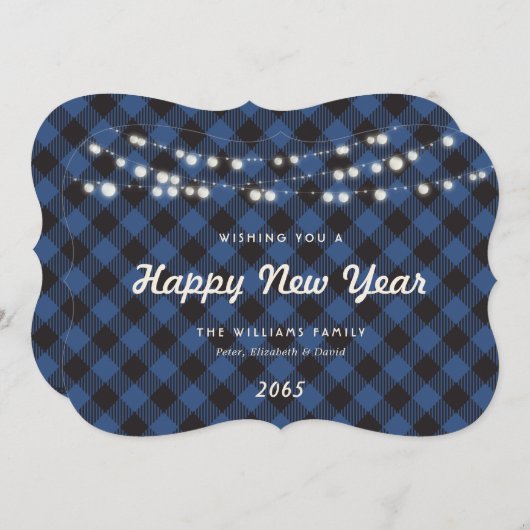 Blue Buffalo Plaid String Lights New Year Card シーズンカード (正面/裏面)