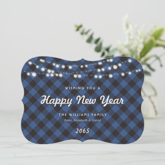 Blue Buffalo Plaid String Lights New Year Card シーズンカード (スタンド正面)
