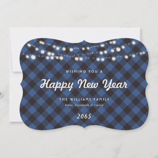 Blue Buffalo Plaid String Lights New Year Card シーズンカード (正面)
