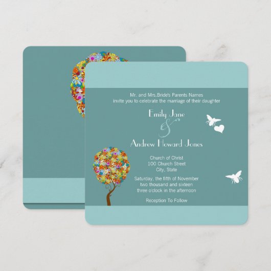 Blue Bumble Bee Forest Fairy Tale Wedding Invite 招待状 (正面/裏面)